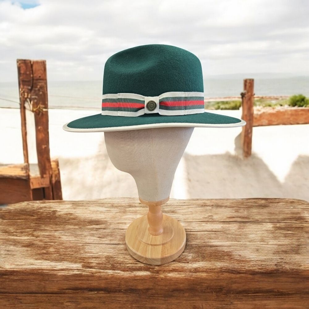 MEN'S BRUNO CAPELO WESLEY GREEN MULTI WIDE BRIM PINCH FRONT FEDORA HAT. WE-979.